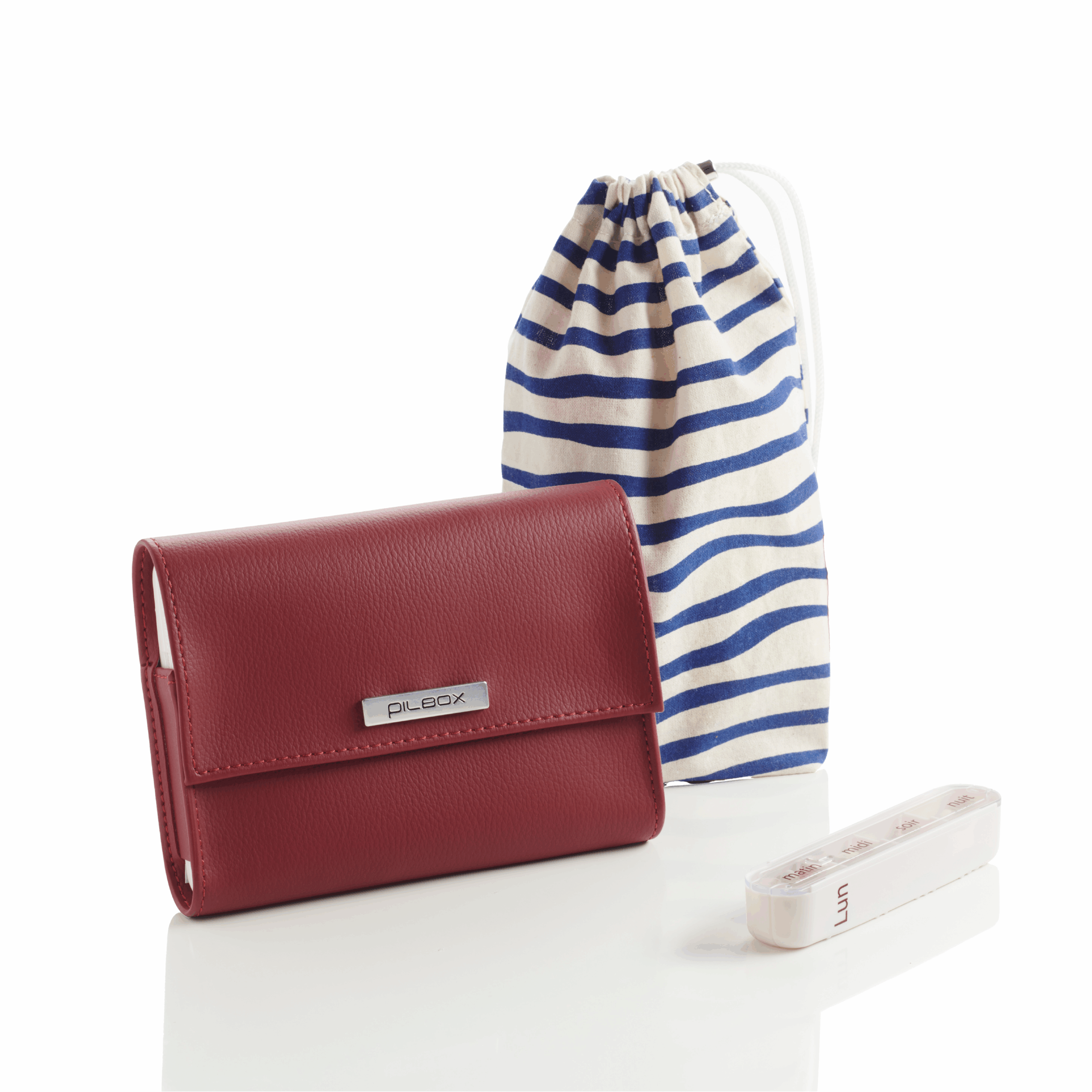 Pilulier semainier Liberty rouge avec son pochon de transport