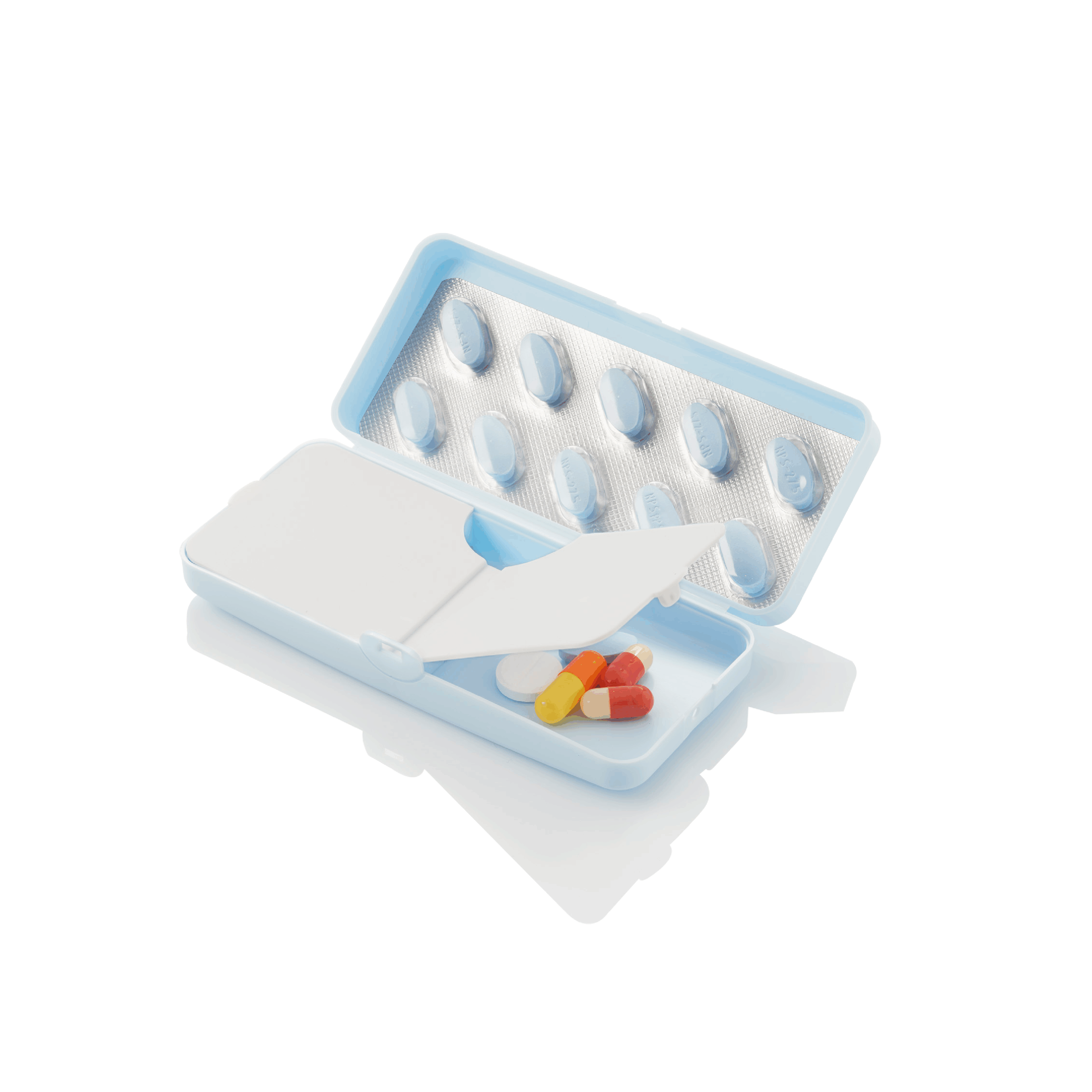 Pilulier de voyage Pilbox Dual Travel bleu avec cases blanches et gélules dedans