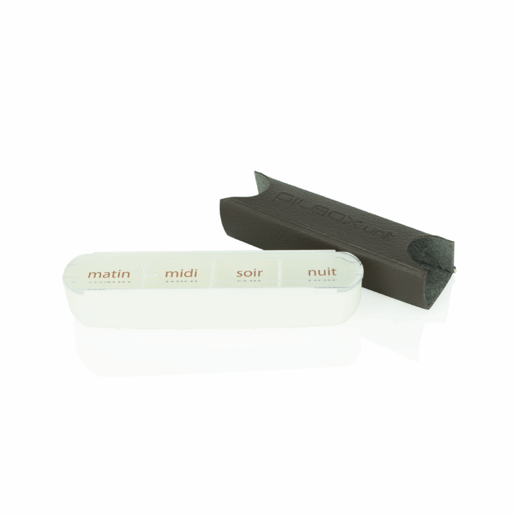 Module Pilbox Unit fermé sans son étui marron avec cases matin, midi, soir et nuit