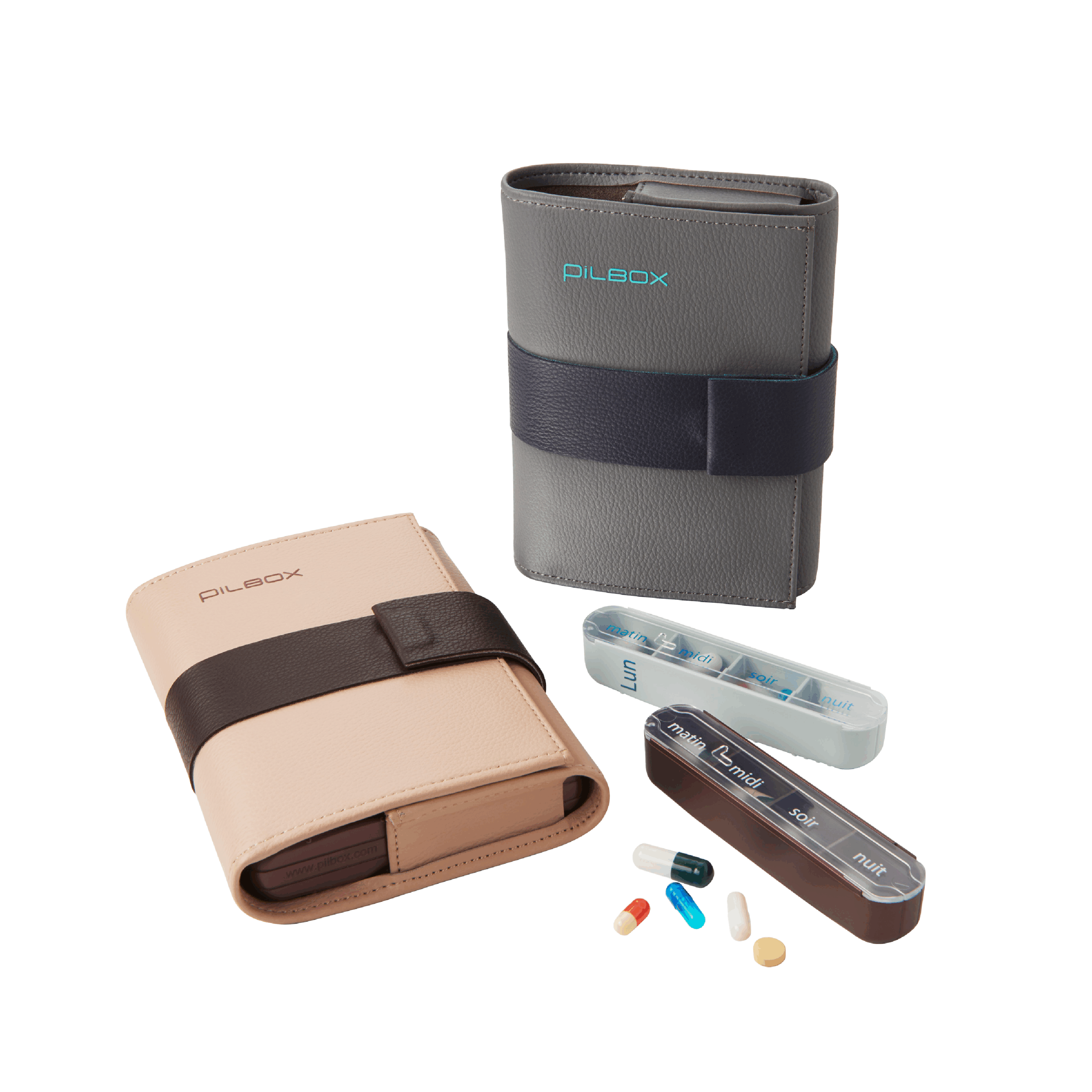 Un Pilbox Cardio rose fermé avec un module fermé et un Pilbox Cardio gris fermé avec un module contenant des médicaments