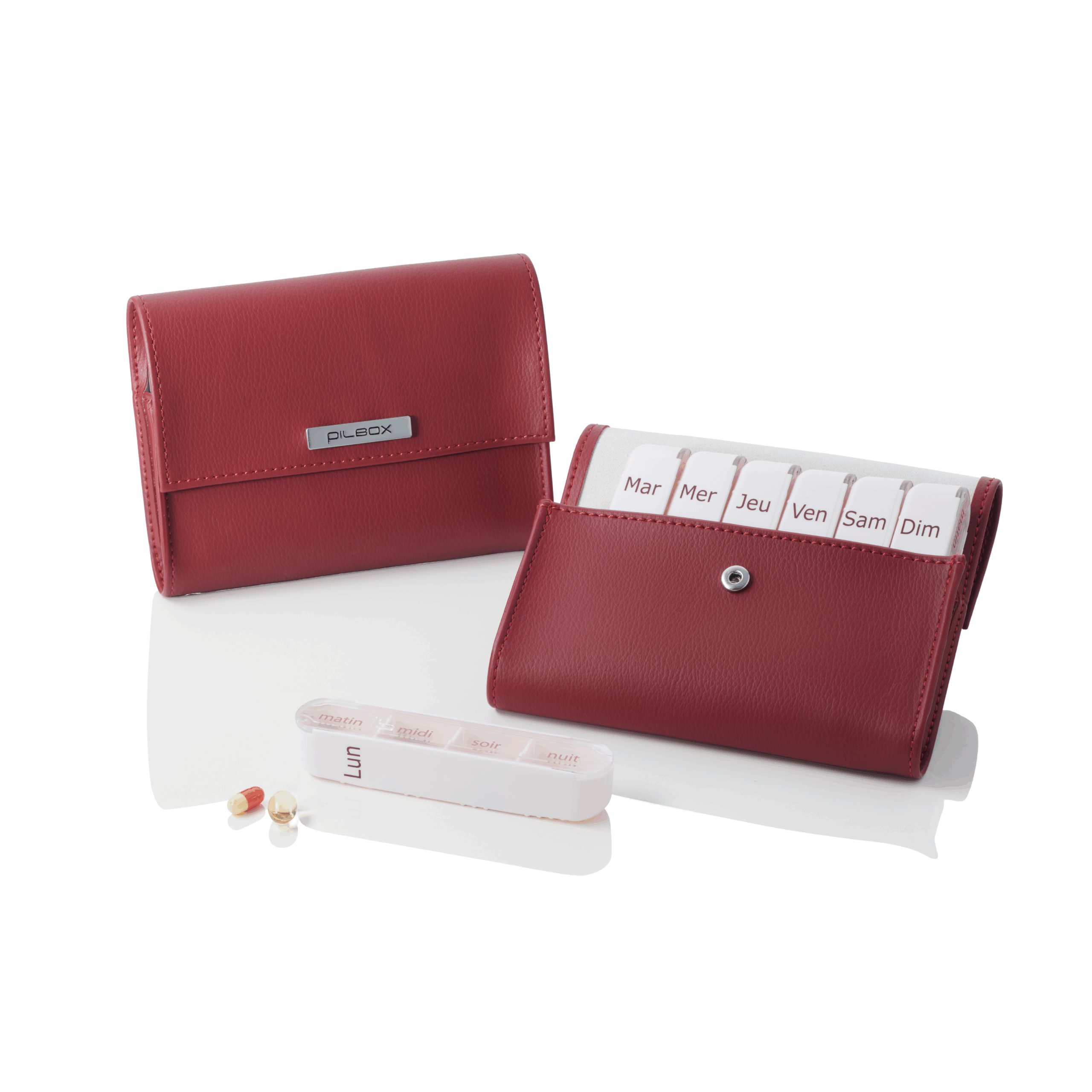 Pilulier semainier avec étui design Pilbox Liberty rouge et modules amovibles