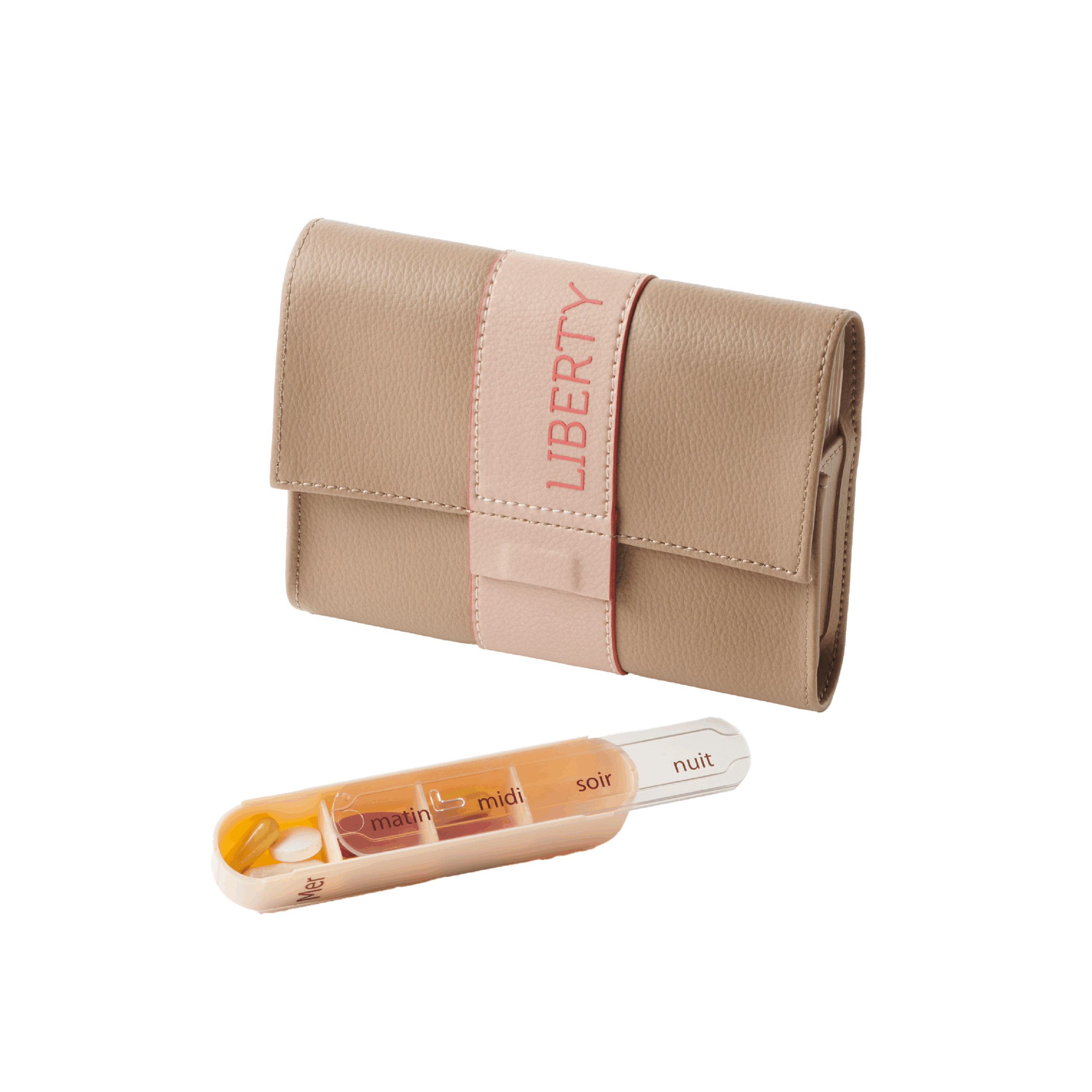 Pilbox Liberty beige édition limitée avec un module matin, midi, soir, nuit ouvert
